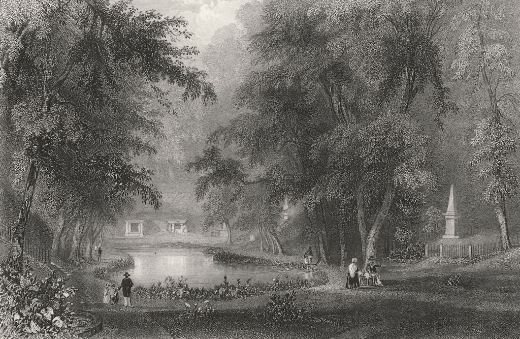 Cemetery of Mount Auburn, Massachusetts. WH BARTLETT 1840 old antique print